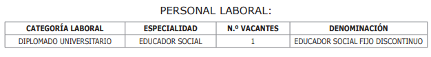 Categoría laboral diplomado universitario, especialidad educador social, número de vacantes 1 y denominación educador social fijo discontinuo